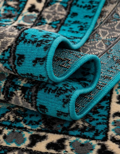 Unique Loom Taftan Collection Border Geometric Tribal Inspired Design Area Rug (2' 2 x 3' 0 Rectangular, Turquoise/ Gray)