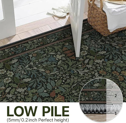 Bavni Floral Hallway Runner Rug 2'6" x 8', Washable Non Skid Boho Carpet for Entryway Kitchen Laundry Room, Soft Ultra Thin Botanical Long Runner for Indoor Floor Decor, Dark Green