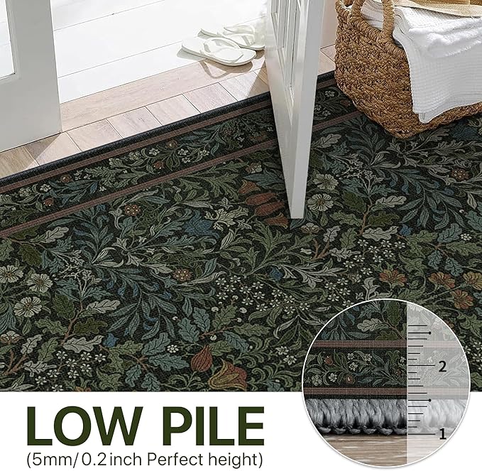 Bavni Boho Floral Kitchen Runner Rug 2x6, Washable Non Slip Thin Carpet for Hallway Bathroom Laundry Room, Ultra Soft Botanical Runner for Entryway, Modern Indoor Floor Decor, Dark Green