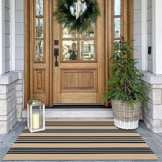 KOZYFLY Striped Front Door Mat 2x3 Ft Brown and Black Cotton Washable Indoor Outdoor Rug Doormats Small Area Rugs for Kitchen Entryway Porch