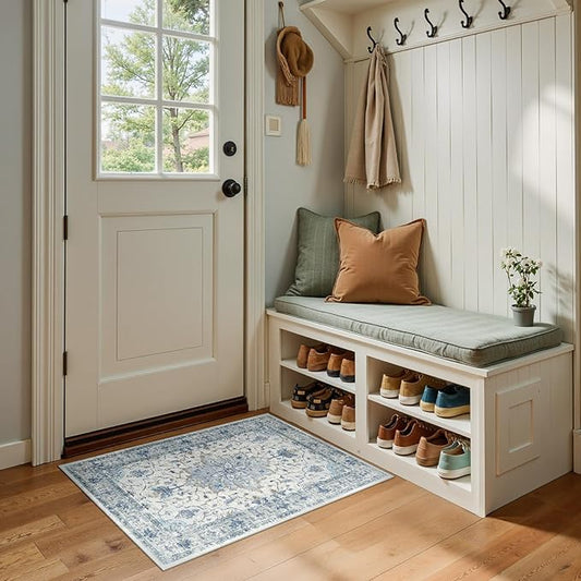 Area Rugs 2'x3' Washable Non-Slip, Floral Vintage Distress Print Pattern Medallion Carpet for Living Room Bedroom Dining Room, Light Blue Navy Beige Gray White