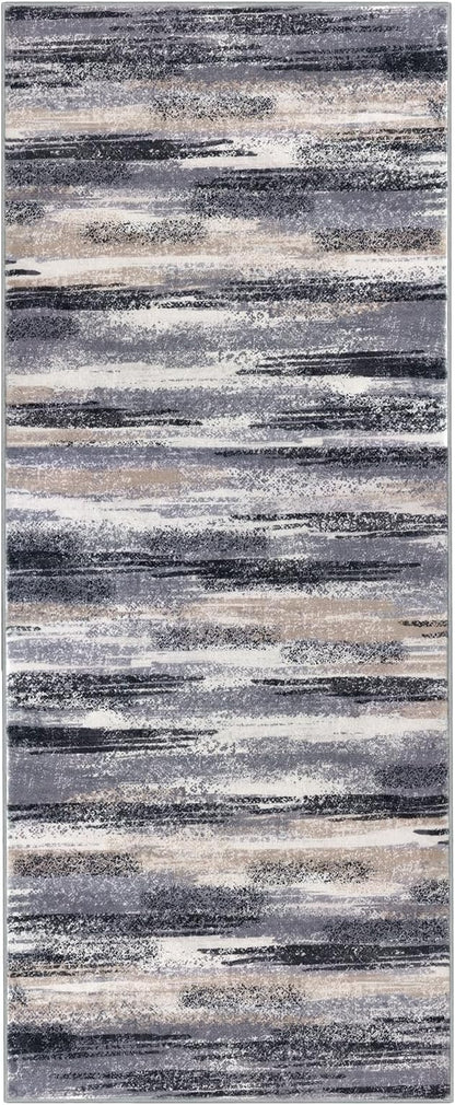 Modern Abstract Runner Rug 2x5, Grey Black Multi Washable Kitchen Runner Entryway Rug Mat Non-Slip Soft Hallway Rug Runner Thin Print Faux Wool Carpet for Bedroom Laundry Room Indoor