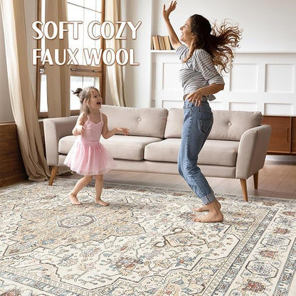 12x15 Area Rug Living Room: Washable Boho Large Neutral Vintage Soft Rug Stain Resistant Farmhouse Non Slip Indoor Floor Carpet for Bedroom Nursery Kids Playroom Office Dining Room- Cream Blue