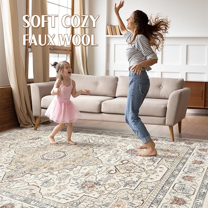 6x9 Area Rugs Living Room: Washable Boho Large Neutral Vintage Soft Rug Stain Resistant Farmhouse Non Slip Indoor Floor Carpet for Bedroom Nursery Kids Playroom Office Dining Room- Cream Blue