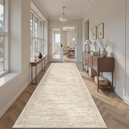 Runner Rug 2'6" x 14' Washable Non-Slip Runner Rugs for Kitchen Bathroom Laundry Room Vintage Ultra Thin Runners for Hallway Entryway Beige