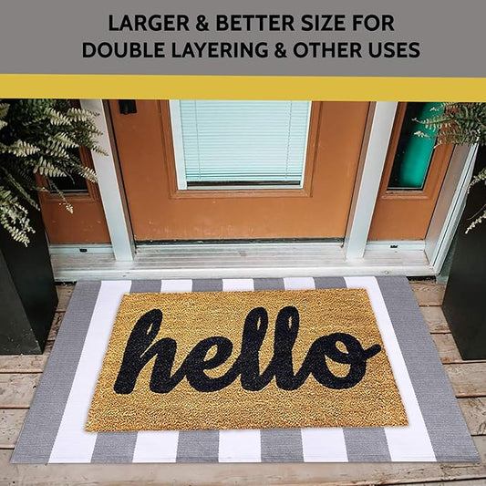 KOZYFLY Striped Outdoor Rug 27.5x43 Inches Front Door Rug Gray and White Hand Woven Cotton Washable Outdoor Doormats Outdoor Entrance Mat for Front Door Kitchen Entryway Patio Front Porch Decor
