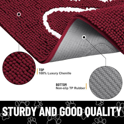 Smiry Dog Door Mat for Muddy Paws, Absorbent Dirt Trapper Non Slip Quick Dry Washable Chenille Mat for Mud Dogs, Entry Rug for Indoor and Outdoor (70x24 Inches, Burgundy and White)