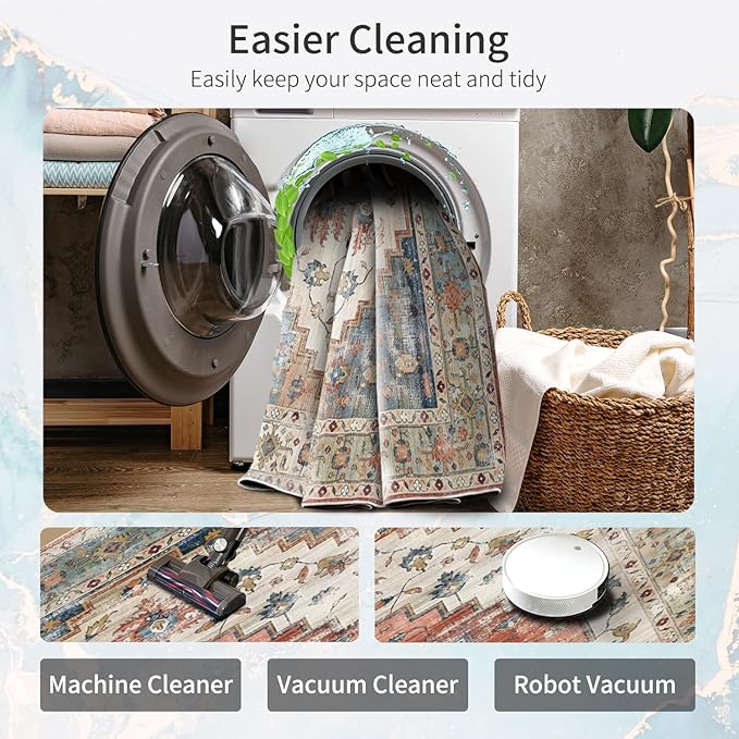 Enkor Area Soft Rugs 6x9 Washable Non Slip Boho Floor Rugs for Living Room Bedroom, Vintage Style Farmhouse Mat for Kitchen Entryway Beige & Red