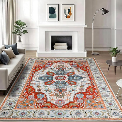 WILLSUN Washable Area Rugs, 6x9 Non-Slip Boho Large Area Rugs for Living Room, Bedroom, Machine Washable Vintage Rug, Indoor Floral Print Carpet for Home Decor, Kid & Pet Friendly Mat