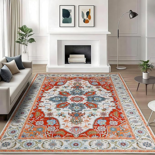 WILLSUN Washable Area Rugs, 6x9 Non-Slip Boho Large Area Rugs for Living Room, Bedroom, Machine Washable Vintage Rug, Indoor Floral Print Carpet for Home Decor, Kid & Pet Friendly Mat