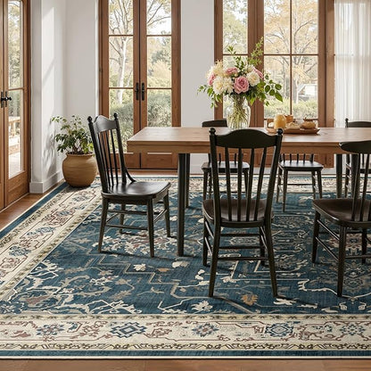 Large 10x14 Area Rugs, Washable Non Slip Big Rug for Living Room Bedroom, Distressed Medallion Vintage Big Carpet Rugs for Dinig Room Family Rooms, Low Pile Thin, Deep Blue/Multi