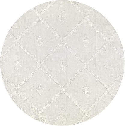 Antep Rugs Palafito 5x5 Geometric Shag Diamond High-Low Pile Textured Indoor Area Rug (White, 5'3" Round)