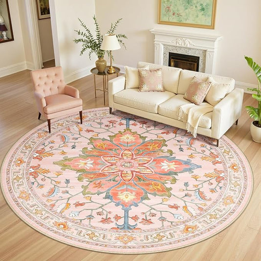 Area Rugs 8ft Washable Non-Slip, Floral Vintage Distress Print Pattern Medallion Carpet for Living Room Bedroom Dining Room, Light Pink Colorful