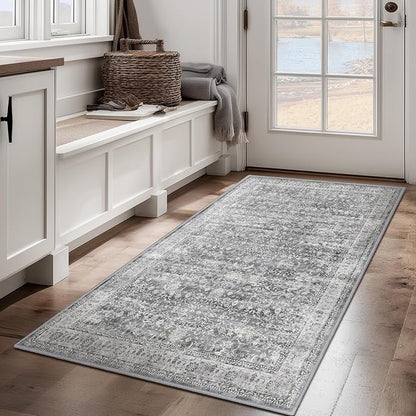 Grey Vintage 3x5 Entryway Rug Indoor Foyer, Neutral Gray Throw Rug for Kitchen Bathroom, Machine Washable Non Slip Thin Area Rug for Nursery/Bedroom Bedside/Home Office/Dorm