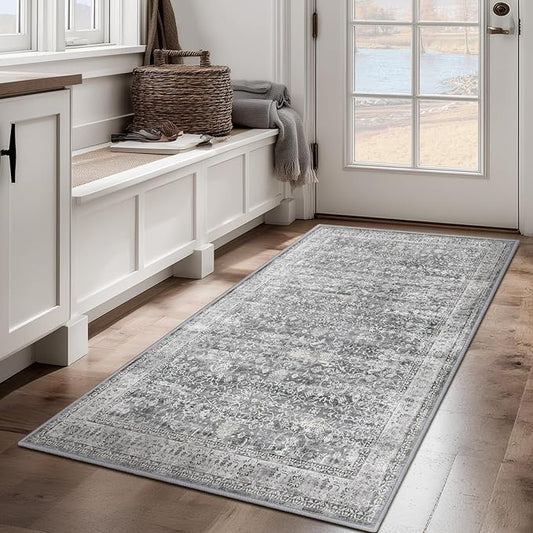 Grey Vintage 3x5 Entryway Rug Indoor Foyer, Neutral Gray Throw Rug for Kitchen Bathroom, Machine Washable Non Slip Thin Area Rug for Nursery/Bedroom Bedside/Home Office/Dorm