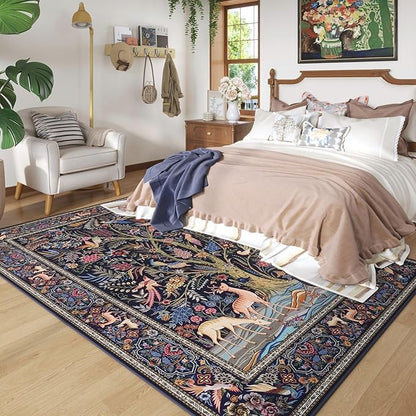 Rugcomf Area Rugs 5x7 Vibrant Tree of Life-Patterned Vintage Washable Area Rug Non Slip Low Pile Large Rugs for Living Room Bedroom Farmhouse Dining Room Kids Playroom, Blue