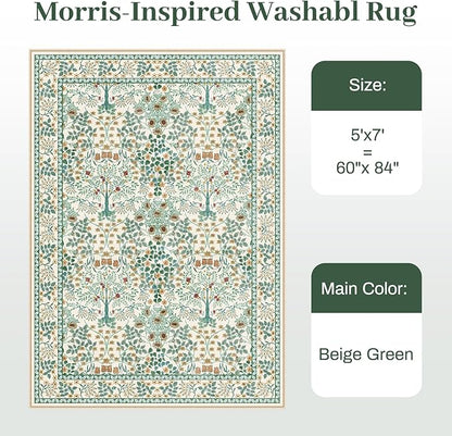 5x7 Area Rugs Living Room Rug - Floral Vintage Morris-Inspired Washable Carpet, Low Pile Non-Shedding Stain Resistance Boho Soft Carpet for Bedroom, Dining Room, Office, Farmhouse (5'x7' Beige Green)