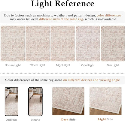 Pink Area Rug 6x9 Machine Washable Vintage Living Room Distressed Non Slip Carpet Traditional Indoor Bedroom Retro Floral Accent Throw Large Rug for Office Kitchen Dining Room