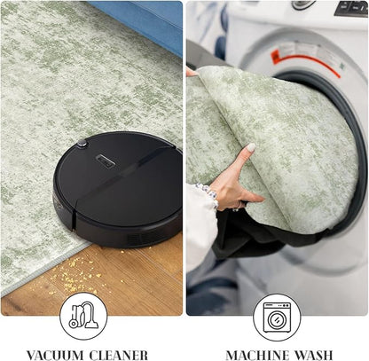 Modern Abstract Runner Rug 2x6, Sage Green Grey Washable Kitchen Runner Non-Slip Soft Hallway Rug Runner Thin Print Faux Wool Carpet for Entryway Bedroom Laundry Room Indoor Home Decor