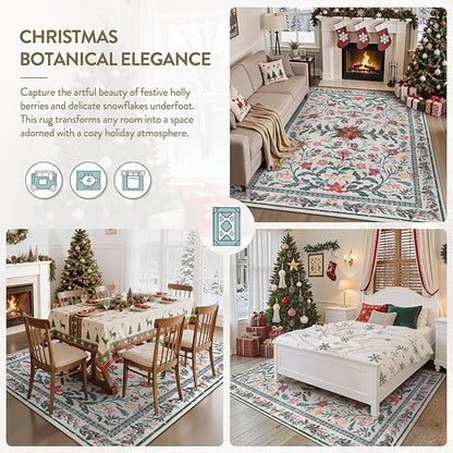 Wonnitar Christmas Rug for Living Room, Christmas Home Decor 8x10 Washable Rug, Ultra-Thin Soft Holiday Floral Print Non Slip Winter Indoor Carpet for Bedroom Kids Room Xmas Dining Room