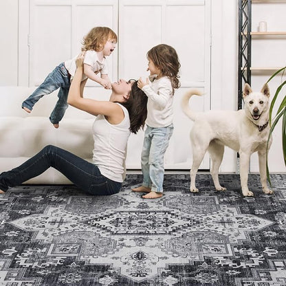 Washable Area Rugs 8x10, Large Rugs for Living Room, Carpet for Bedroom, Soft Faux Wool Retro Dining Room Rug, Non-Slip Backing Resistant Low Pile Vintage Print Rug for Home Office (Medium Gray)