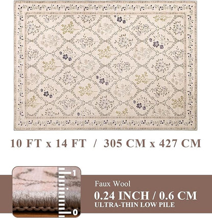 YIHOUSE Beige Floral Print Rugs, Moroccan Trellis 10x14 Washable Large Rug, Modern Pastel Non Slip Ultra-Thin Area Rug for Classroom, Nursery Playroom,Dorm,Bedroom,Living Room, Beige Multi