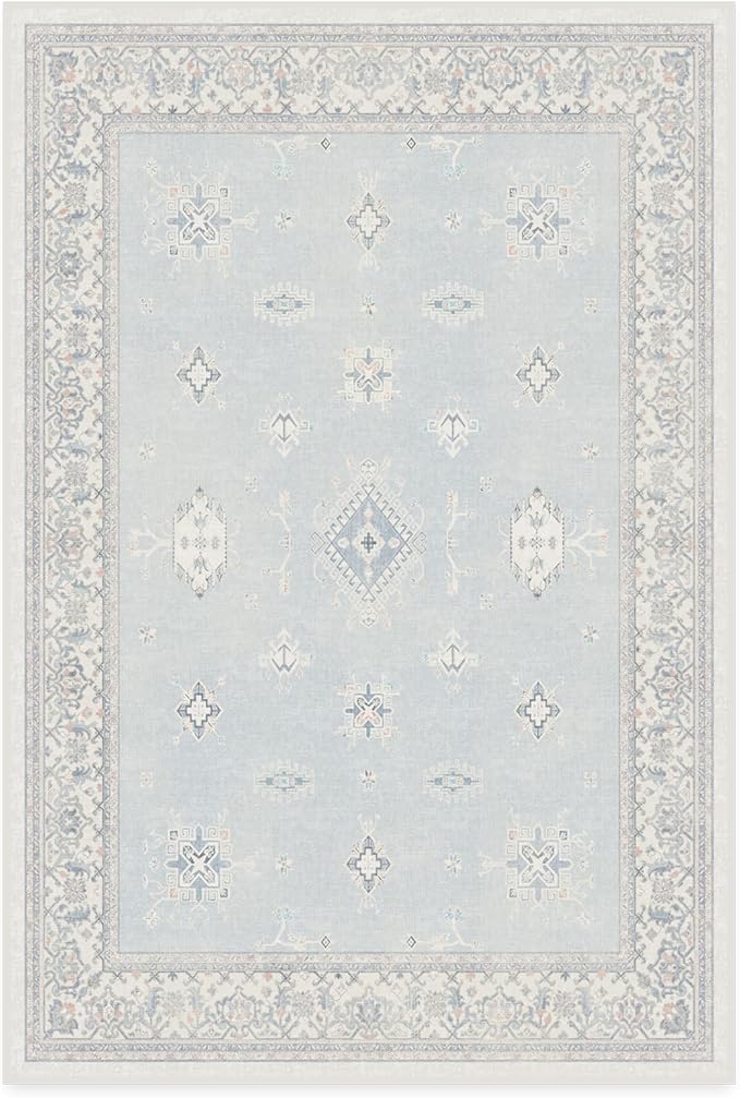 RUGGABLE Washable Vintage Area Rug – Verena Soft Blue 4x6, Stain-Resistant, Non-Slip – Medium Machine Washable Rugs for Living Room, Bedroom, Hallway, Entryway & Office–with Standard Pad