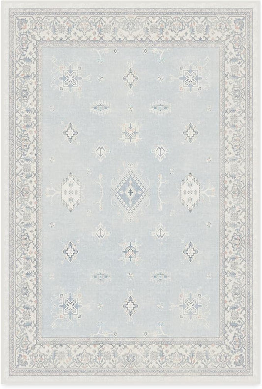 RUGGABLE Washable Vintage Area Rug – Verena Soft Blue 4x6, Stain-Resistant, Non-Slip – Medium Machine Washable Rugs for Living Room, Bedroom, Hallway, Entryway & Office–with Standard Pad