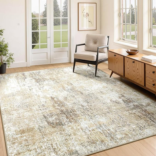 Washable Area Rugs 4'x6' Non-Slip Modern Abstract Soft for Living Room Entryway Bedroom Nursery, Print Pattern, Neutral Brown Gray