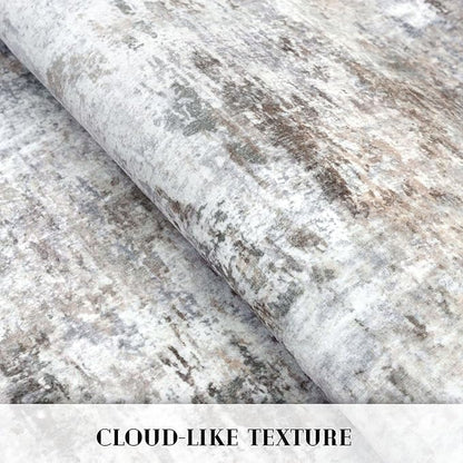 Modern Abstract 4x6 Living Room Washable Rug Non-Slip Soft Bedroom Area Rug Beige Grey Neutral Thin Print Faux Wool Floor Carpet Throw Rugs for Nursery Playroom Dining Room Indoor Office
