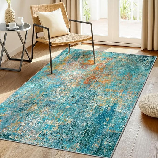 Washable Area Rugs 3'x5' Non-Slip Modern Abstract Soft for Living Room Entryway Bedroom Nursery, Print Pattern, Teal Blue Green Orange Rust Red Coloreful