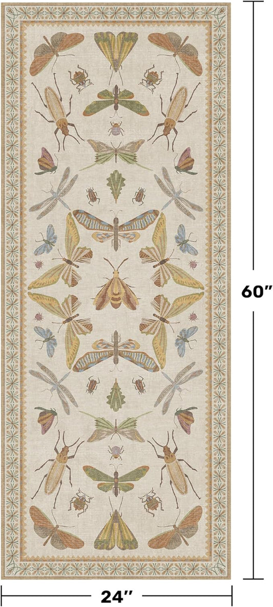 Boho 2x5 Long Bathroom Rug - Laundry Room Rug Runner for Kitchen, Washable Non Slip Soft Stain Reistant Beige and Yellow Neutral Insect Design Decor