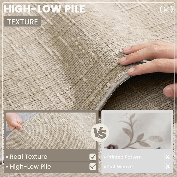 Art&Tuft 2x6 Runner Rug - Washable Runner Rugs, Non-Slip Runner Rug for Hallway, High Low Pile Textured Stripe 2x6 Rug Runner Throw Carpet for Entrance Entryway Bedroom Living Room Kitchen, Beige