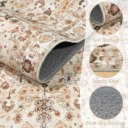 6x9 Washable Rug Vintage Fade Resistant Boho Distressed Non-Slip Indoor Large Carpet Low Pile Lightweight & High-Traffic Safe for Bedroom, Dorm, Playroom - Farmhouse Decor