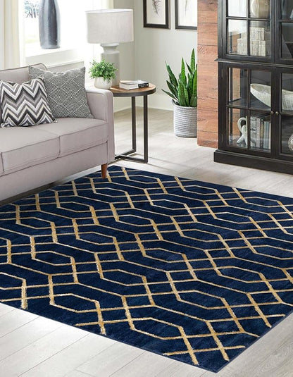 Marilyn Monroe Glam Collection Area Rug - Trellis (7' 10" Square, Navy Blue Gold/ Gold)