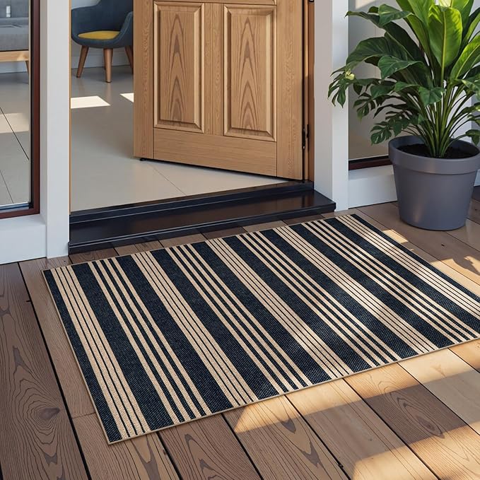 Lahome Striped Easy Jute Front Door Mat, 2x3 Washable Kitchen Rug Small Indoor Outdoor Rugs for Entryway, Farmhouse Neutral Lightweight Non Slip Black Carpet for Foyer