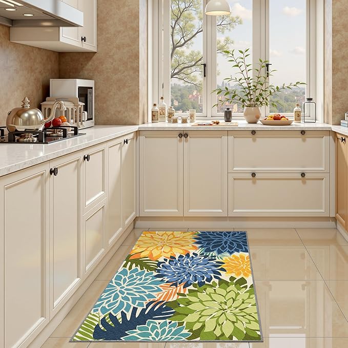 2x3 Colorful Washable Small Rug Tropical Botanical Modern Floral Indoor Chenille Door Mat Carpet Non Slip for Patio, Entry Way, Entrance, Porch, Green