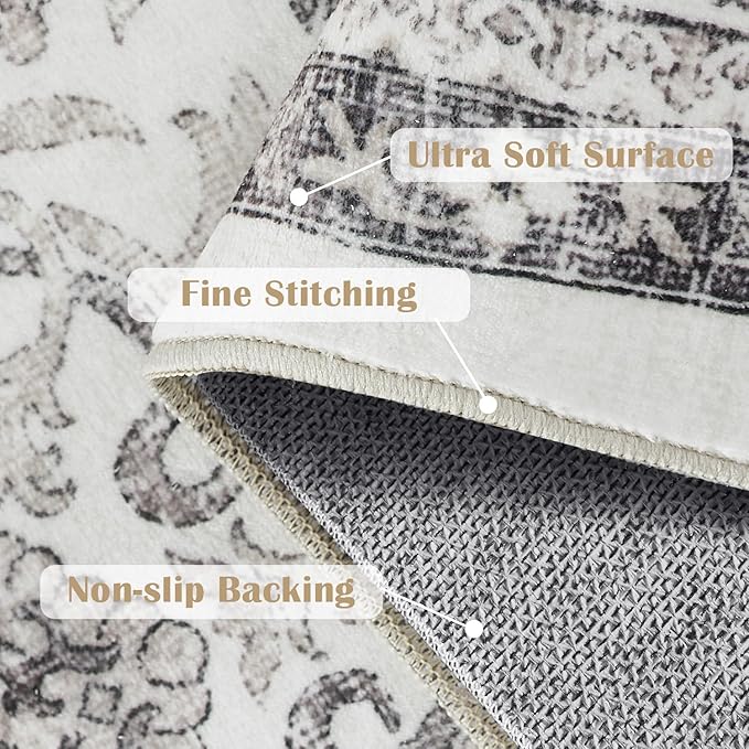jinchan Hallway Runner Rug 3x7 - Machine Washable Beige Vintage Floral Distressed Design Soft Non-Slip Low-Pile Ultra-Thin Runner Rug for Kitchen Laundry Room Bedroom Farmhouse (3‘x7', Beige)