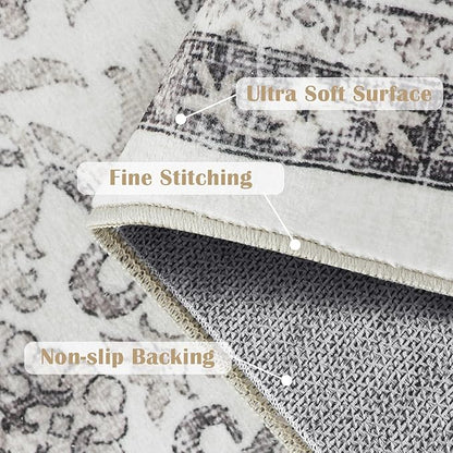 jinchan Runner Rug 2x6 - Machine Washable Beige Vintage Floral Distressed Design Soft Non-Slip Low-Pile Ultra-Thin Runner Rug for Kitchen Hallway Laundry Room Entryway Farmhouse (2‘x6', Beige)