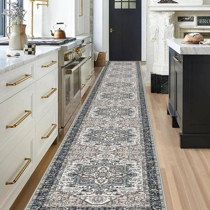 KOZYFLY Runners for Hallways 3x20 Ft Extra Long Faux Wool Washable Thin Hallway Rug Printed Runner Carpet for Entryway Bedroom Stair Kitchen Hall Living Room Decor, Black/Taupe/Beige