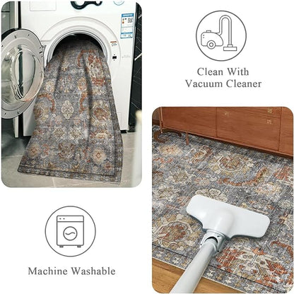 RUGSURE Washable Area Rugs - Perfect for Living Room, Bedroom, Kids Room, Nursery - Stain & Water Resistant Non-Slip, Pet & Child Friendly, Vintage Tribal Area Rugs (Turmeric and Grey, 6' x 9')