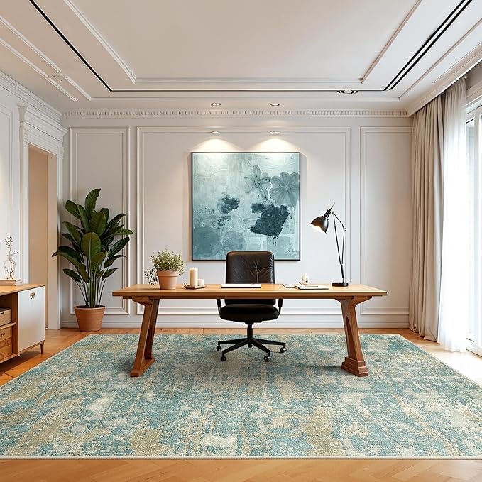 WITSHOCK Living Room Area Rugs 10x12：Modern Abstract Machine Washable Large Rug for Bedroom Dining Room Non-Slip Stain Resistant Home Office Decor,Teal Brown