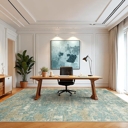 WITSHOCK Living Room Area Rugs 10x12：Modern Abstract Machine Washable Large Rug for Bedroom Dining Room Non-Slip Stain Resistant Home Office Decor,Teal Brown