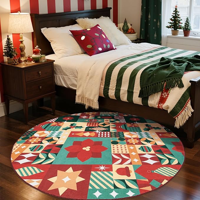 jinchan Round Christmas Rug 6ft for Living Room Washable Circle Christmas Dining Room Rug 6' Round Xmas Geometric Non-Slip Soft Carpet Festive Red-Green Holiday Patch Decor for Bedroom Porch Foyer