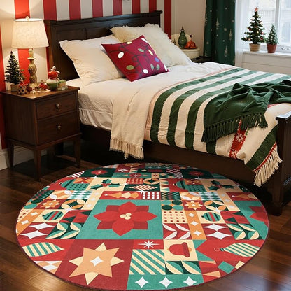 jinchan Round Christmas Rug 6ft for Living Room Washable Circle Christmas Dining Room Rug 6' Round Xmas Geometric Non-Slip Soft Carpet Festive Red-Green Holiday Patch Decor for Bedroom Porch Foyer