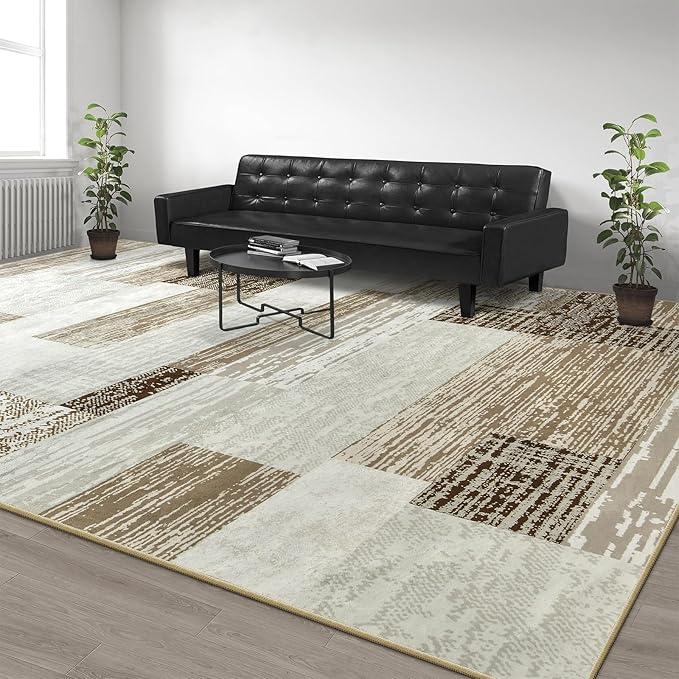 Large Area Rugs,Modern Geometric Patchwork Floor Decor for Bedroom Aesthetic Carpet, Rockwood Collection, Indoor Rugs for Living Room, Dining Room, Nursery, Office, Machine Washable Rug,5x8 Ft Beige
