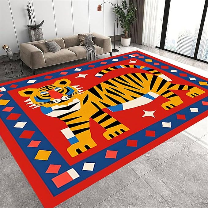 Jungle Animal Area Rug,4x5ft,Unique Design Tiger Print Rug With Geometric Pattern，Bohemian Style Animal Tiger Print Pattern Colorful Rug,Washable Non-Slip Rug for Living Room Classroom Nursery Decor