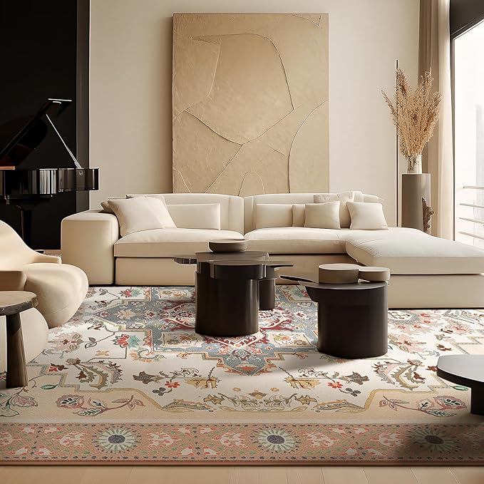 Phantoscope Washable Round Area Rug 6ft Non-Slip, Vintage Boho Rugs for Living Room, Bedroom, Dining Room, Persian Floral Medallion Pattern, Low-Pile Foldable Floor Carpet, Ivory Rose/Fall Bloom