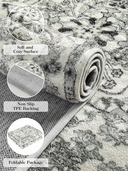 Lahome Round Rug 5'3"Ft, Soft Rugs for Living Room Machine Washable Rugs for Bedroom, Bohemian Medallion Non-Slip Non-Shedding Print Indoor Carpet for Entryway Bathroom Coffee Table, Beige