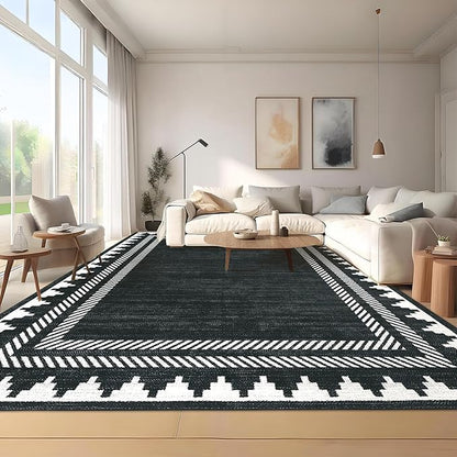 Modern Low Pile Non Slip 5x7 Machine Washable Living Room Area Rug Foldable Modern Geometric Soft Floor Carpet Geometric Bordered Stain Resistant Indoor Rug with Rubber Back, Black